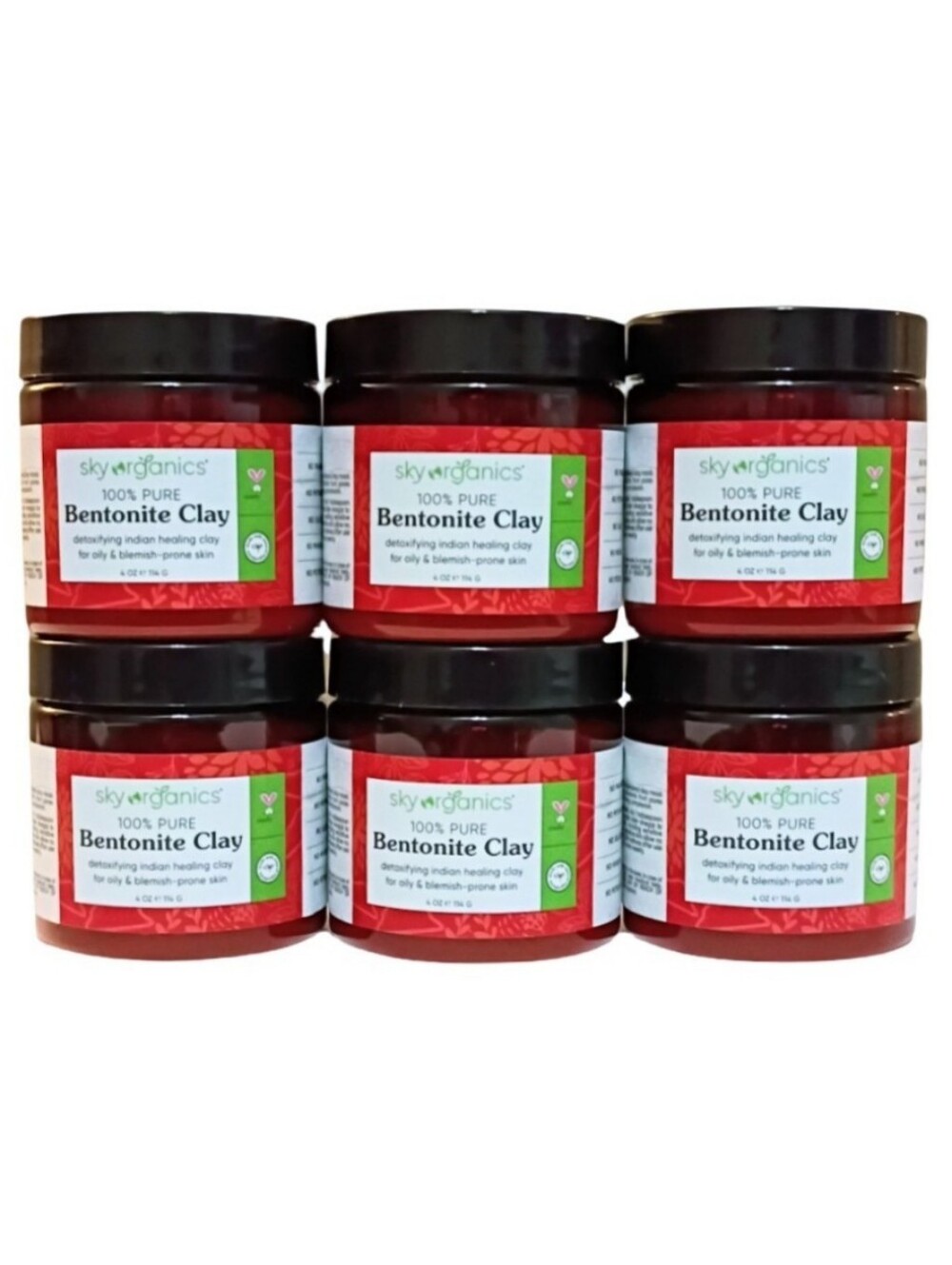 Sky Organics 100% Pure Bentonite Clay Face Mask Bundle of 6 Jars 4 oz Each 24 oz